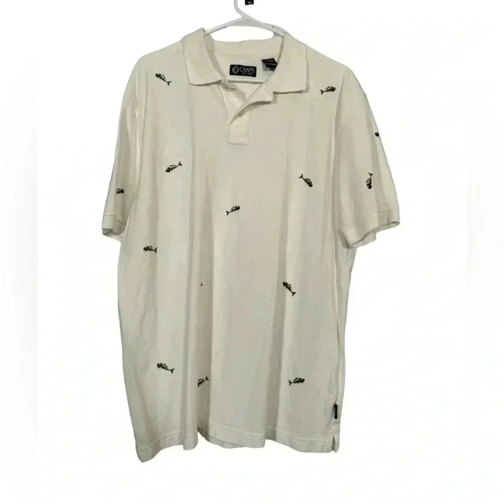 Chaps Mens White Size XL Short Sleeve Collared Polo Shirt Fishbone Print